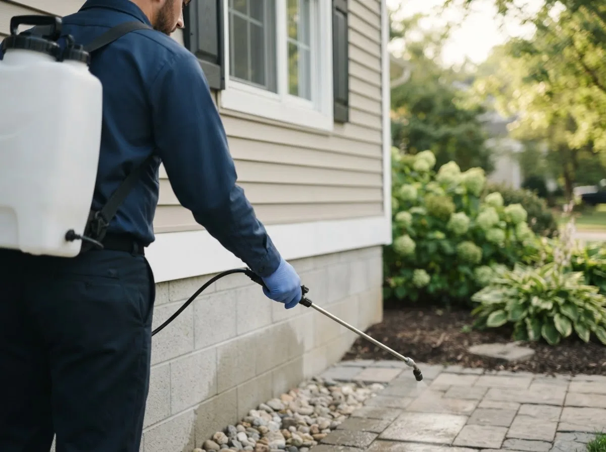 Pest control technician inspecting a home in Maple City, MI